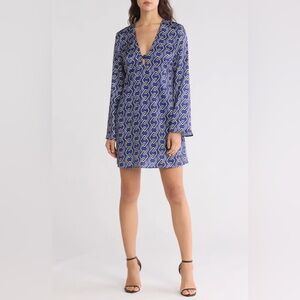 AREA STARS Blue Satin Silky Lightweight Chain Link Print Bell Sleeve Dress NWT